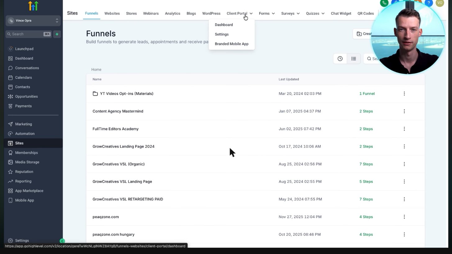 List of real funnels in a GoHighLevel account