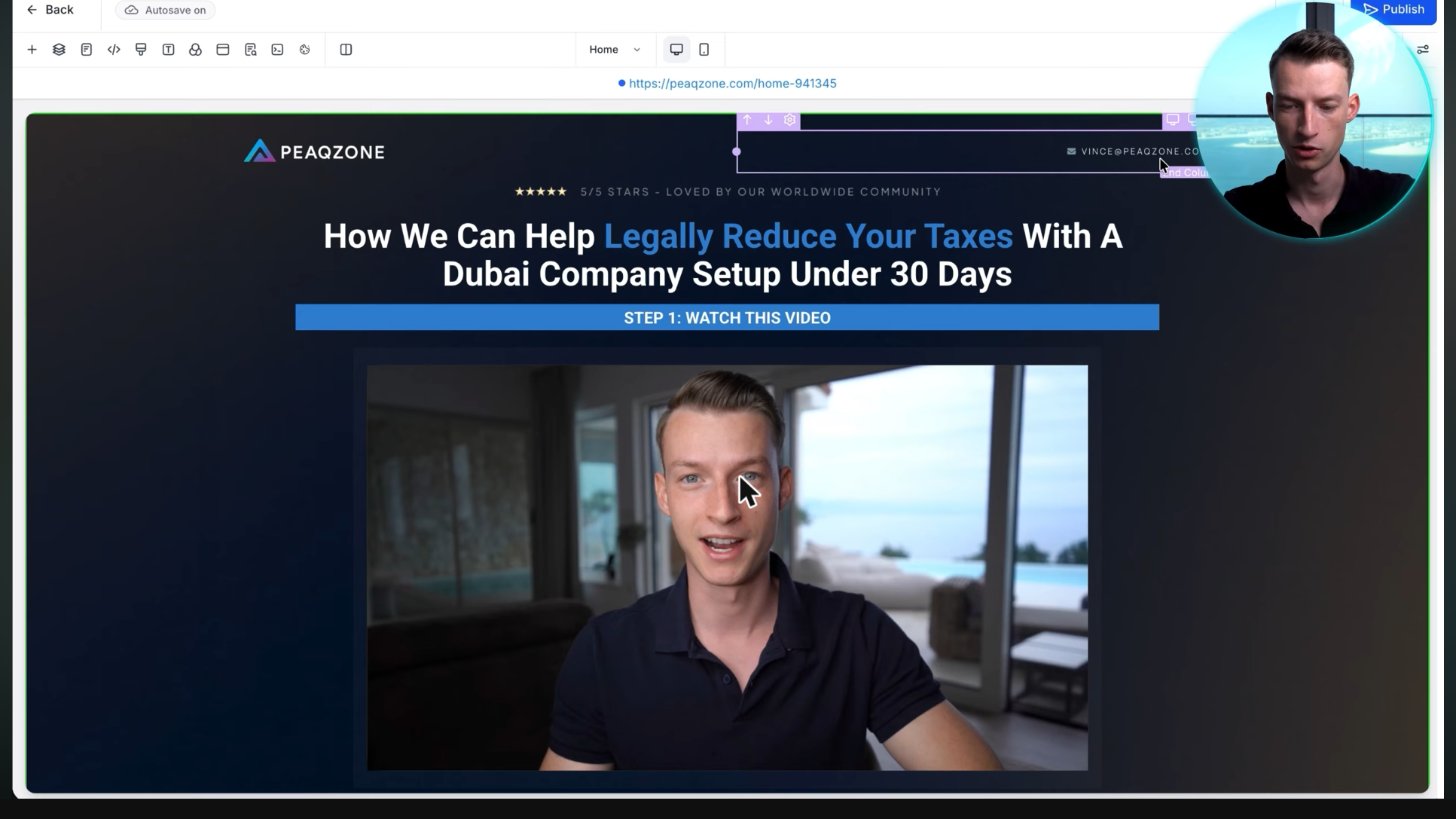 GoHighLevel funnel editor showing a live business landing page