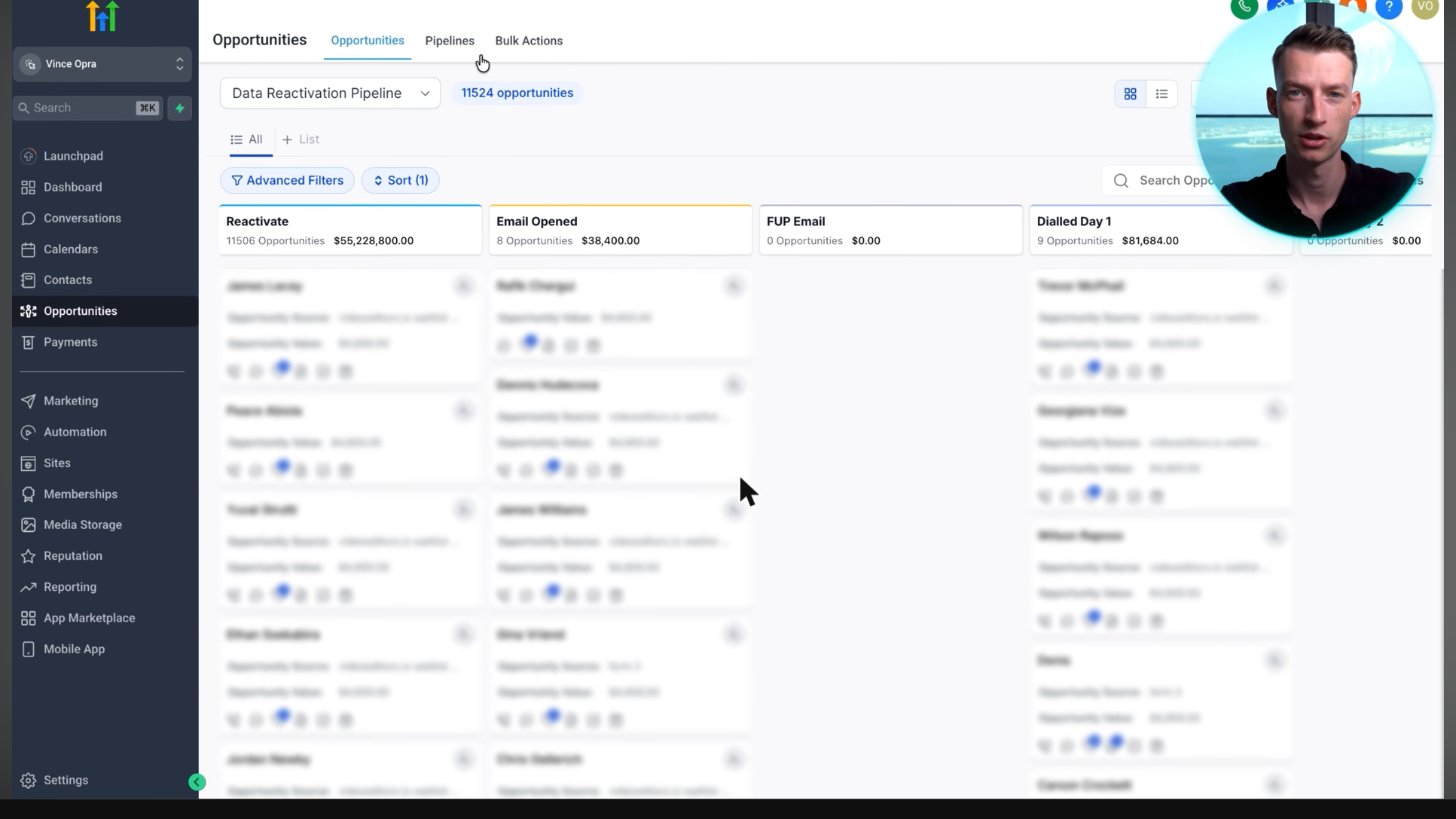 GoHighLevel CRM pipeline with 11,524 leads and stage values