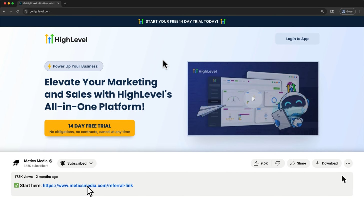 GoHighLevel homepage with 14 day free trial button