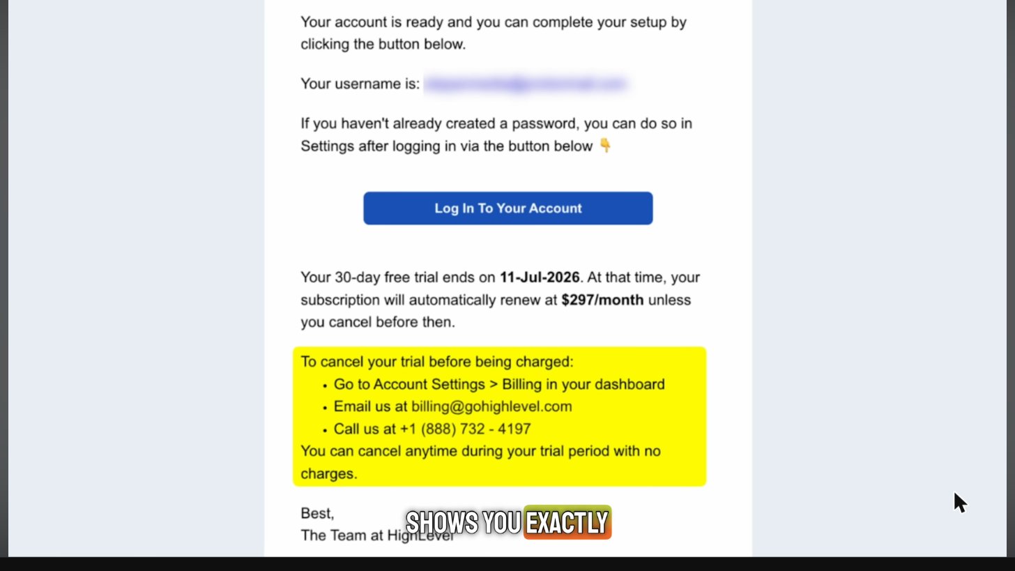 GoHighLevel email listing 3 ways to cancel before being charged