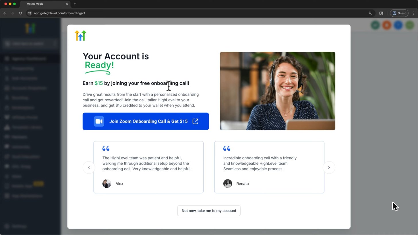 GoHighLevel account ready screen with free onboarding call offer
