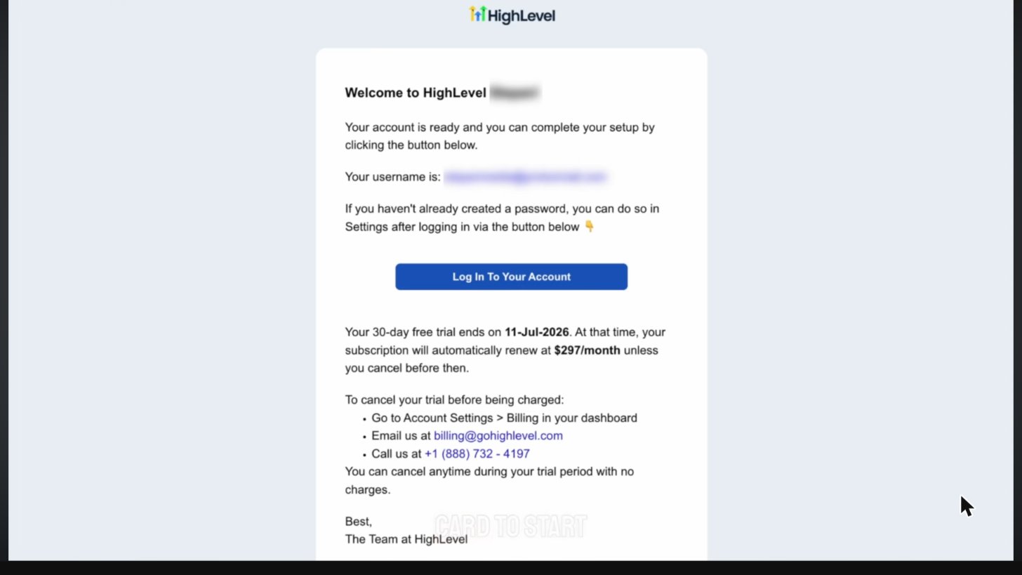 GoHighLevel welcome email showing the trial end date and renewal price