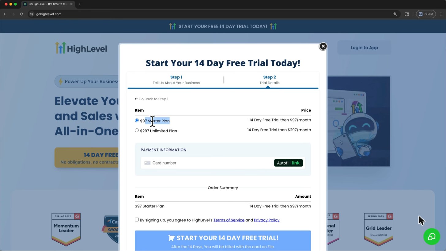 Choosing the $97 Starter or $297 Unlimited plan during GoHighLevel sign up