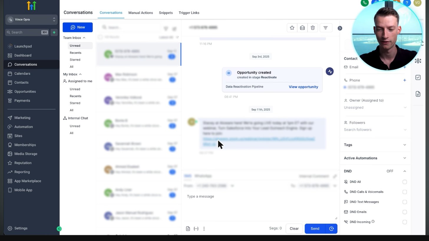 GoHighLevel conversations inbox with SMS and a lead added to a pipeline