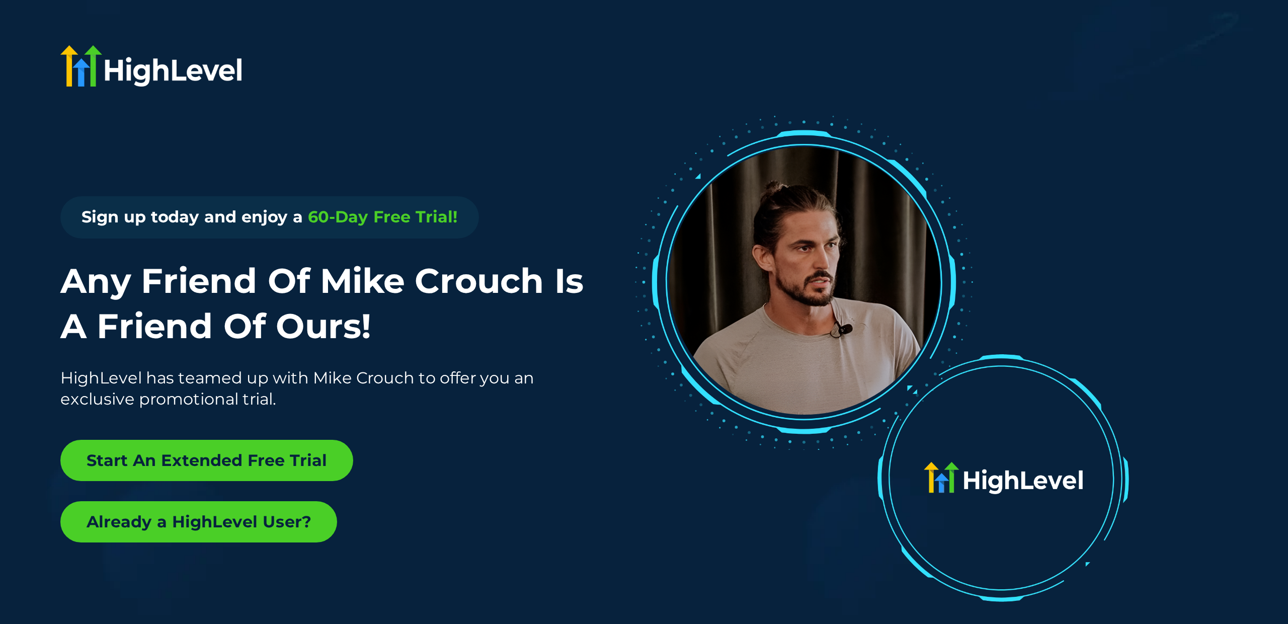 Screenshot of the official HighLevel Mike Crouch partner offer page on gohighlevel.com, showing a 60-day free trial banner with a green Start An Extended Free Trial button