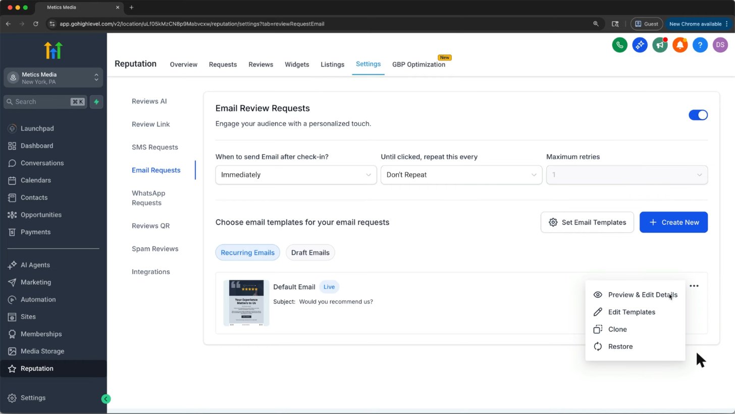 GoHighLevel reputation settings with Reviews AI and automatic review requests