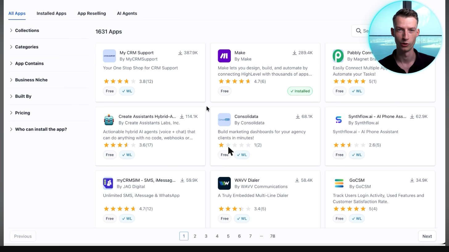 GoHighLevel App Marketplace showing 1,631 apps