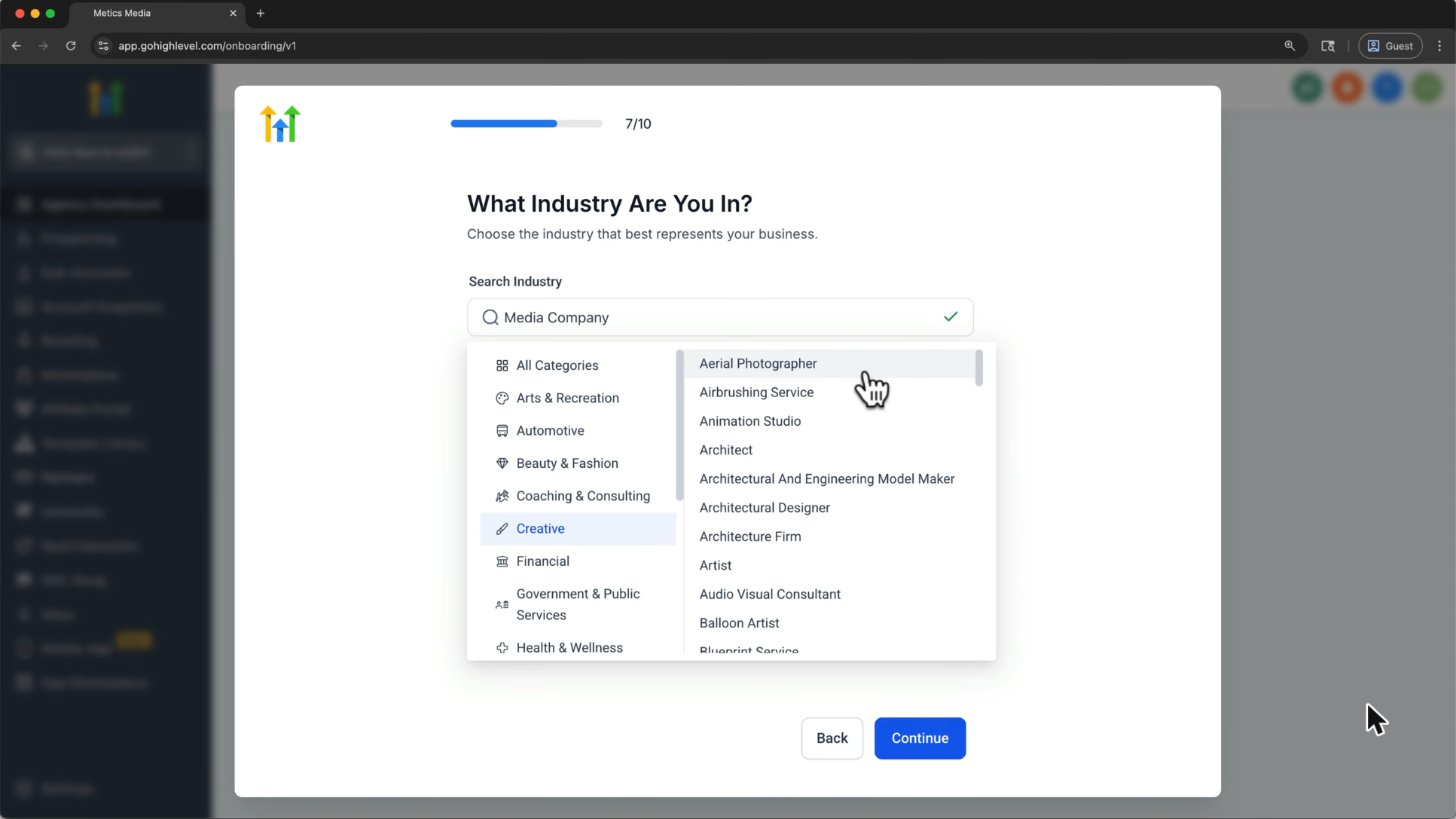 Choosing your industry during GoHighLevel onboarding