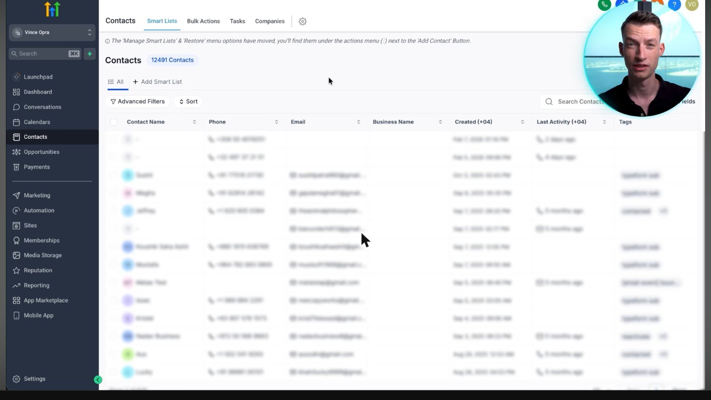 GoHighLevel CRM contacts list