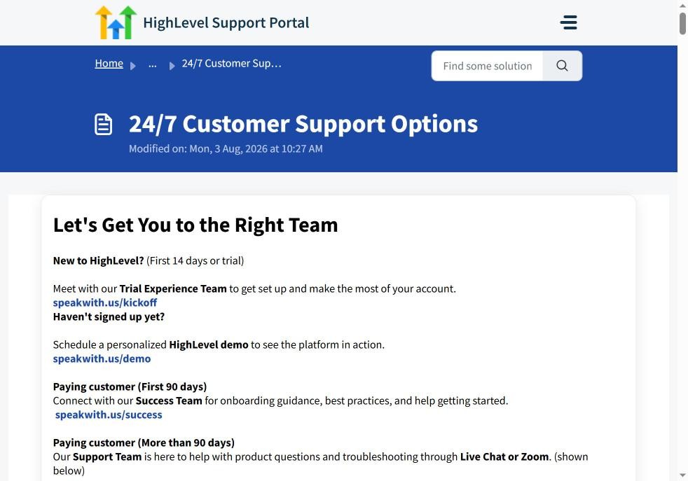 HighLevel 24/7 customer support options page
