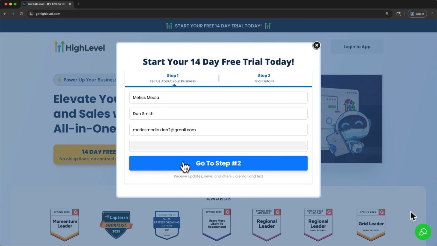 GoHighLevel sign up step 1 business name, name, email and phone