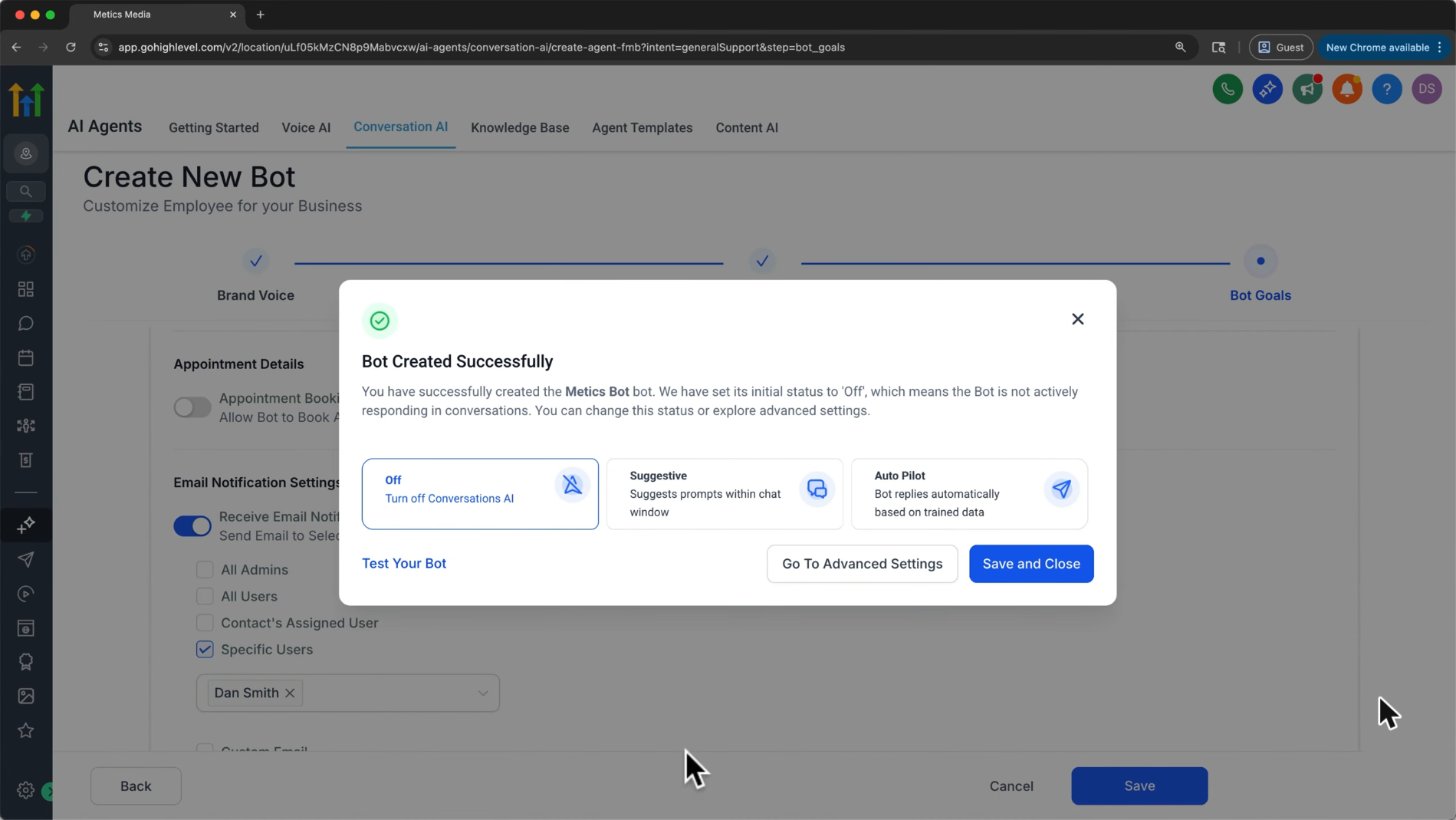 Creating a Conversation AI bot in GoHighLevel with Off, Suggestive and Auto Pilot modes