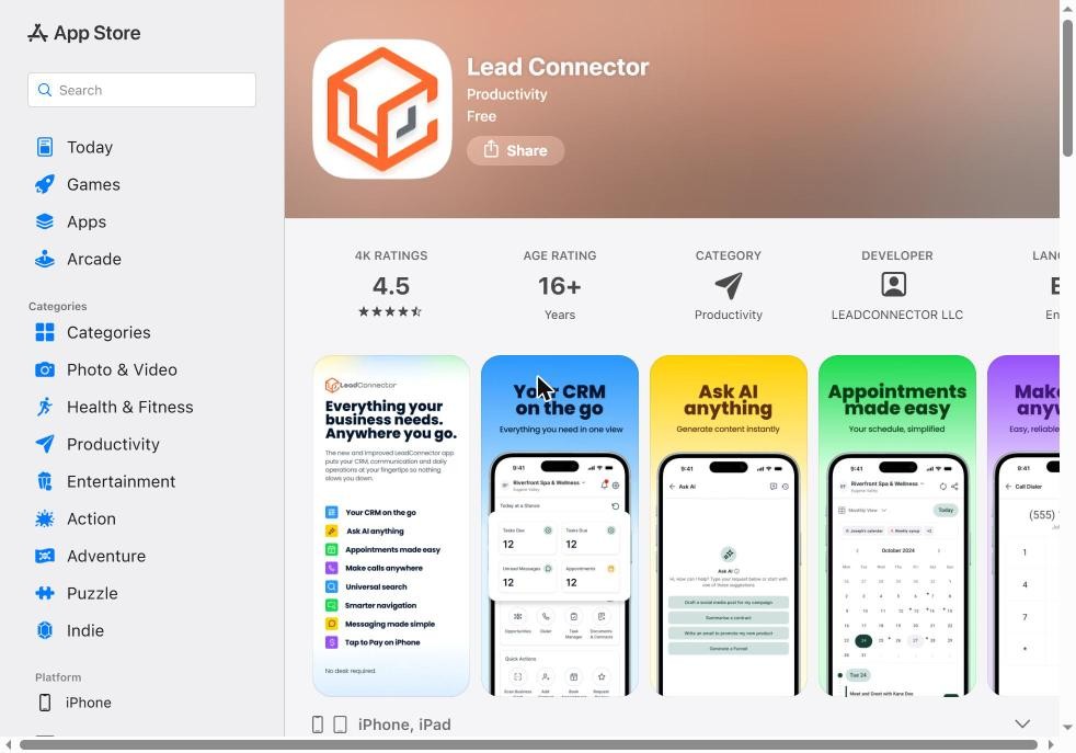 LeadConnector app on the Apple App Store, rated 4.5