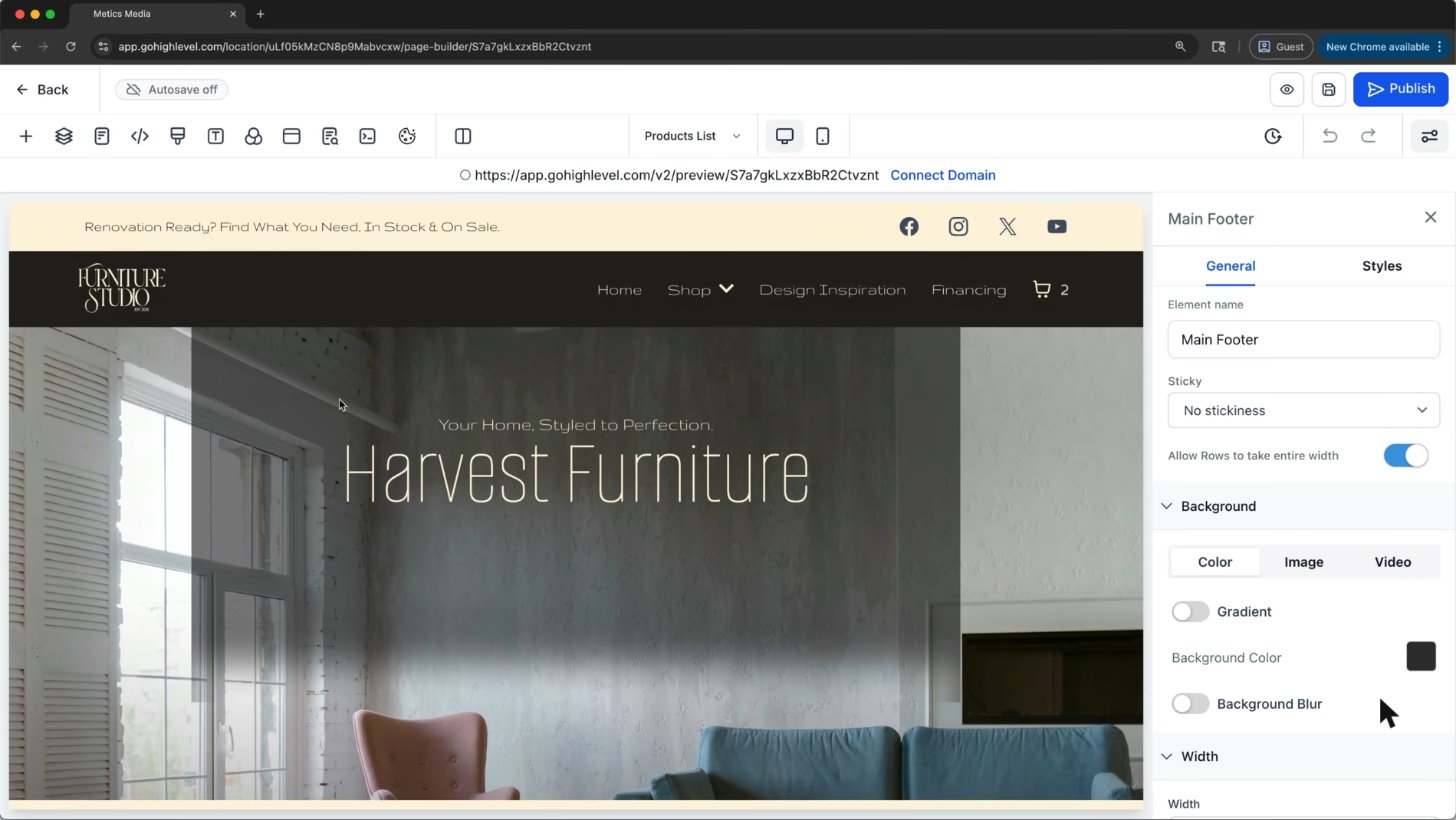 GoHighLevel website builder editing a furniture store template