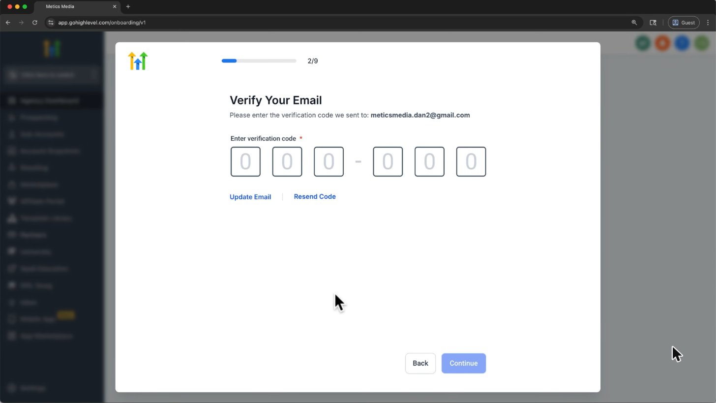 GoHighLevel 6-digit email verification code screen