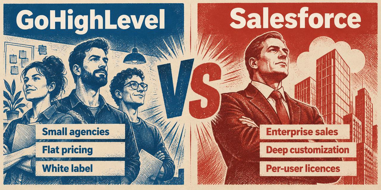 GoHighLevel vs Salesforce: small agencies, flat pricing, white label vs enterprise sales, deep customization, per-user licences